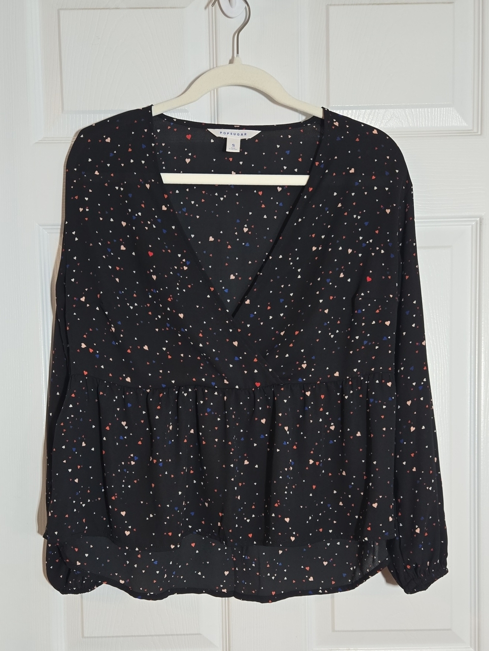 POPSUGAR Black Long-Sleeve V-Neck Bandoll Blouse Multicolor Heart Size Small